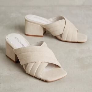 JEFFREY CAMPBELL Heeled Mules Womens Size 7.5 Cream Suede Slip On Square Neutral